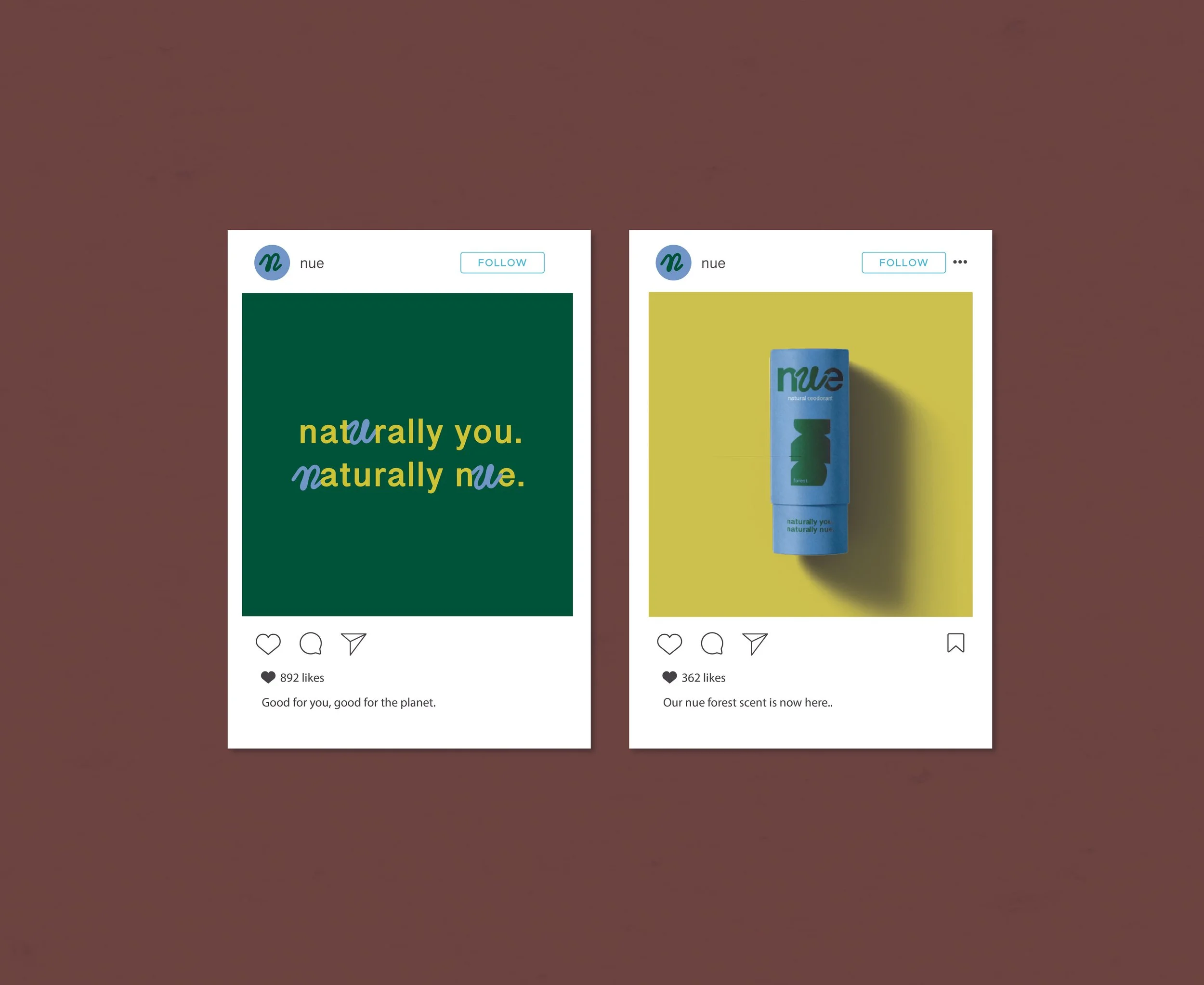 Two Instagram posts from the brand nue. The left post has the text 'naturally you. naturally nue.' on a dark green background with yellow and blue accents. The right post shows a blue tube of nue product with green accents on a yellow background, with a shadow cast behind it.