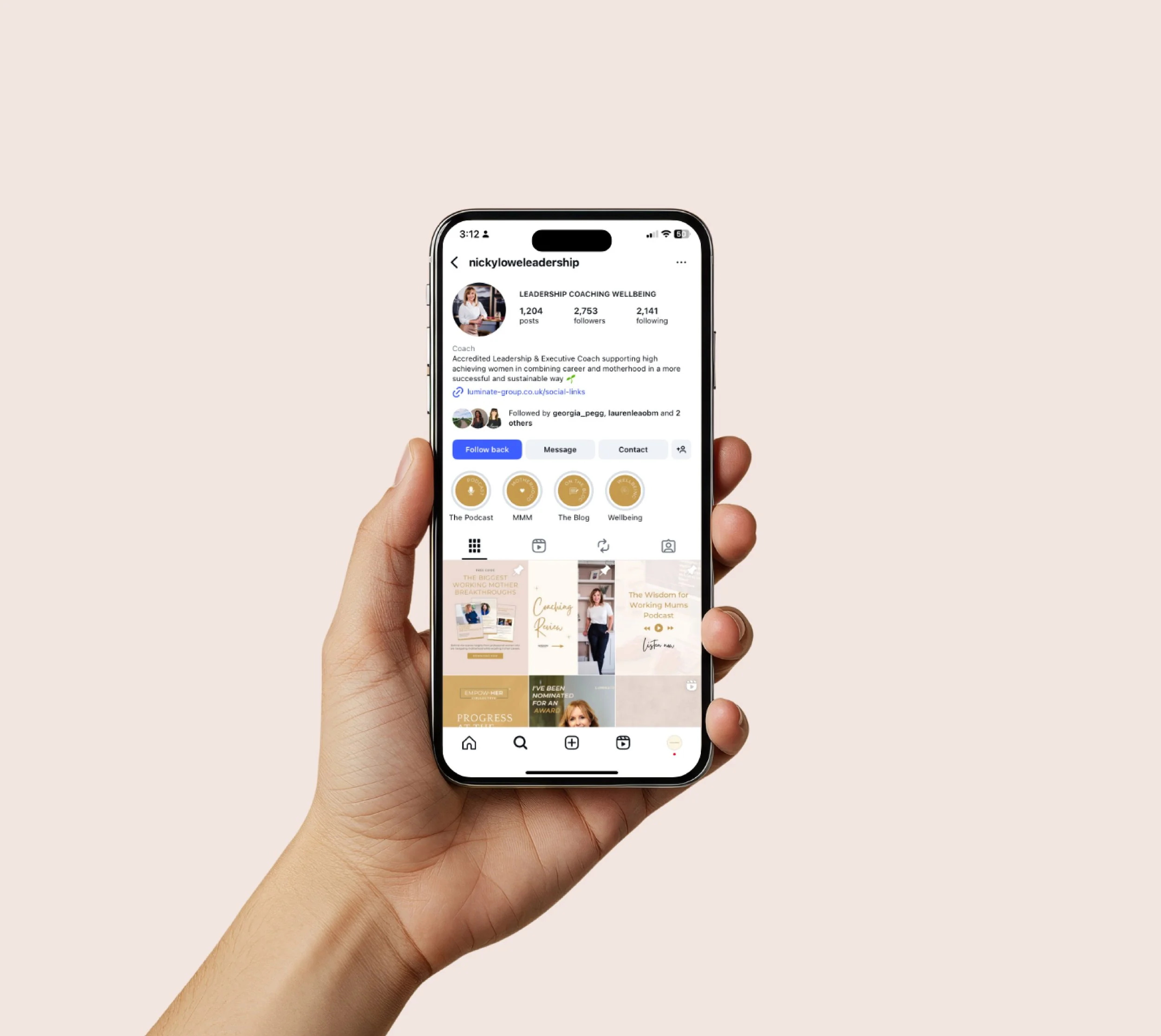 A person's hand holding a smartphone displaying an Instagram profile for nickyloweleadership, a leadership coaching page, with profile details, stories, and posts visible.