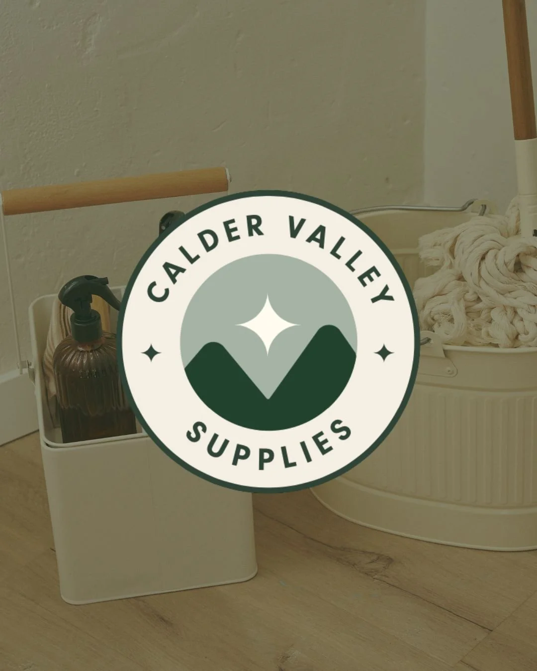 Cleaning supplies including a spray bottle and cloth in a white container, with laundry in a basket nearby, in a room with wooden flooring.