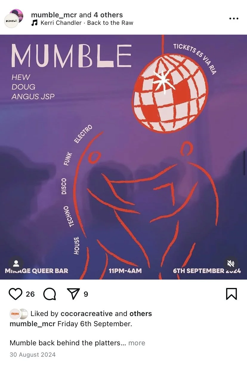 A promotional poster for Mumble Queer Bar featuring a purple background with a red and white disco ball, a red outline drawing of two people dancing, and text about the event's date and time, music genres, ticket price, and location.