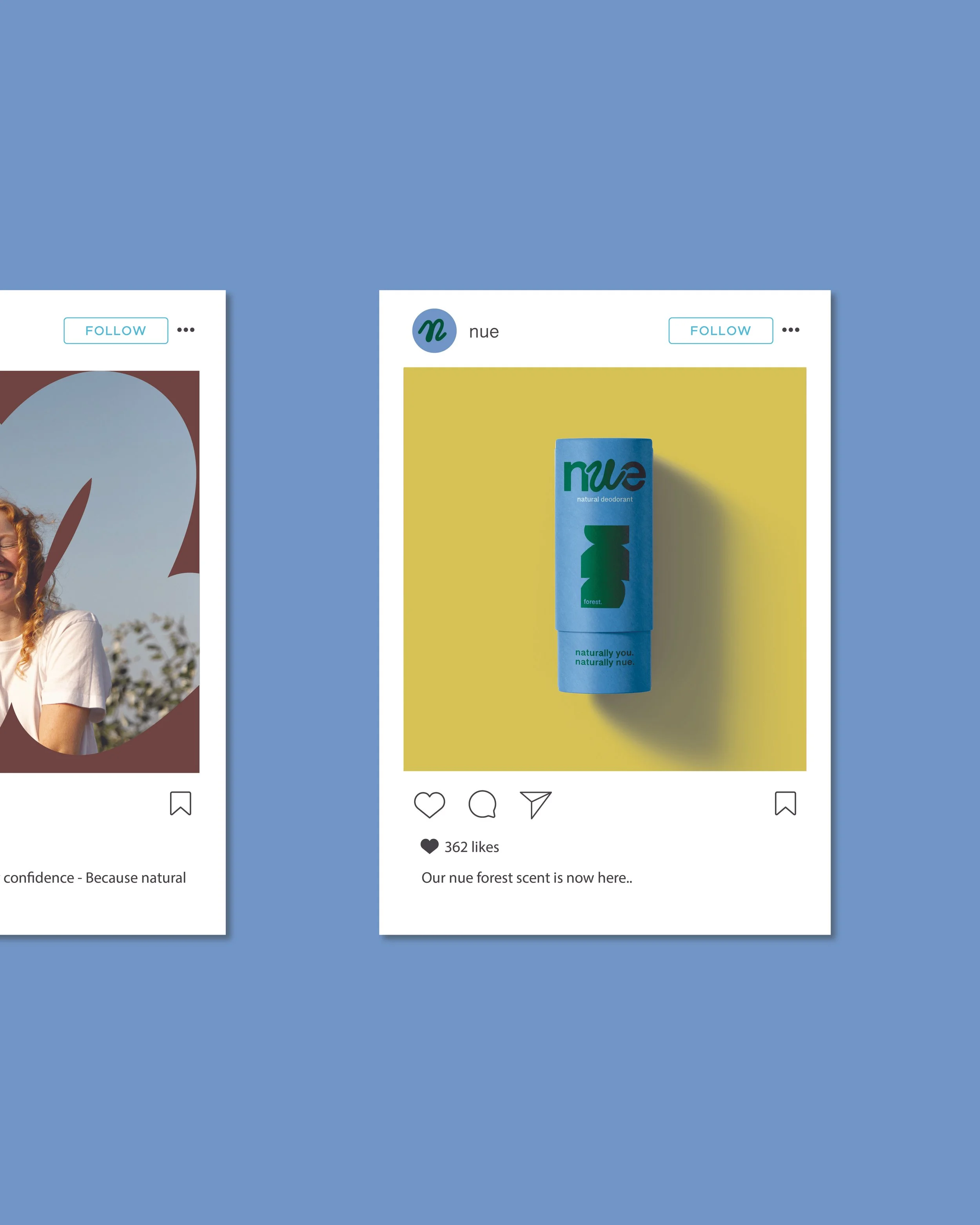 A blue container of nue natural deodorant on a yellow background with a shadow.