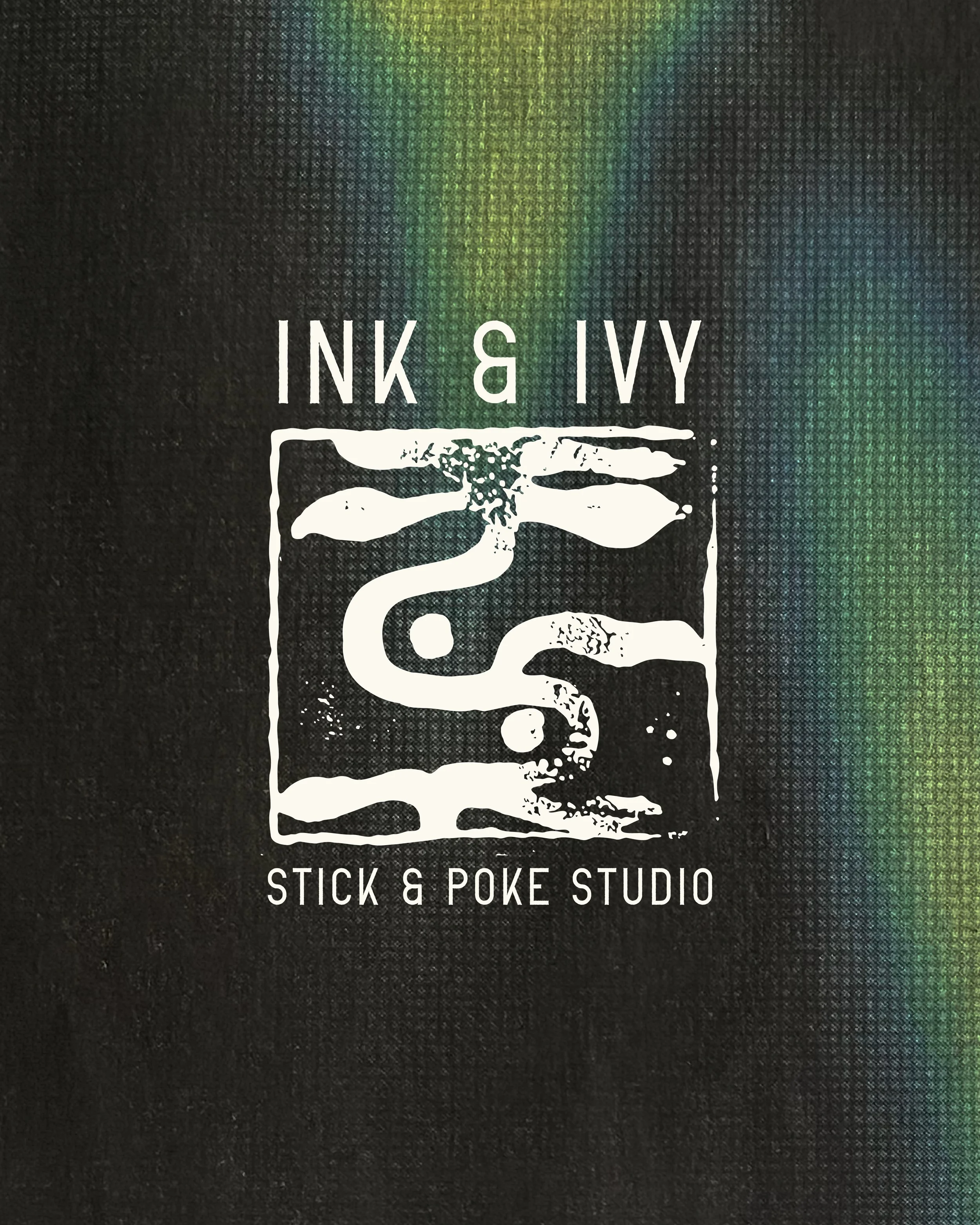 A black textured surface with a white logo featuring a stylized dragonfly and the text 'INK & IVY' above it, and 'STICK & POKE STUDIO' below.