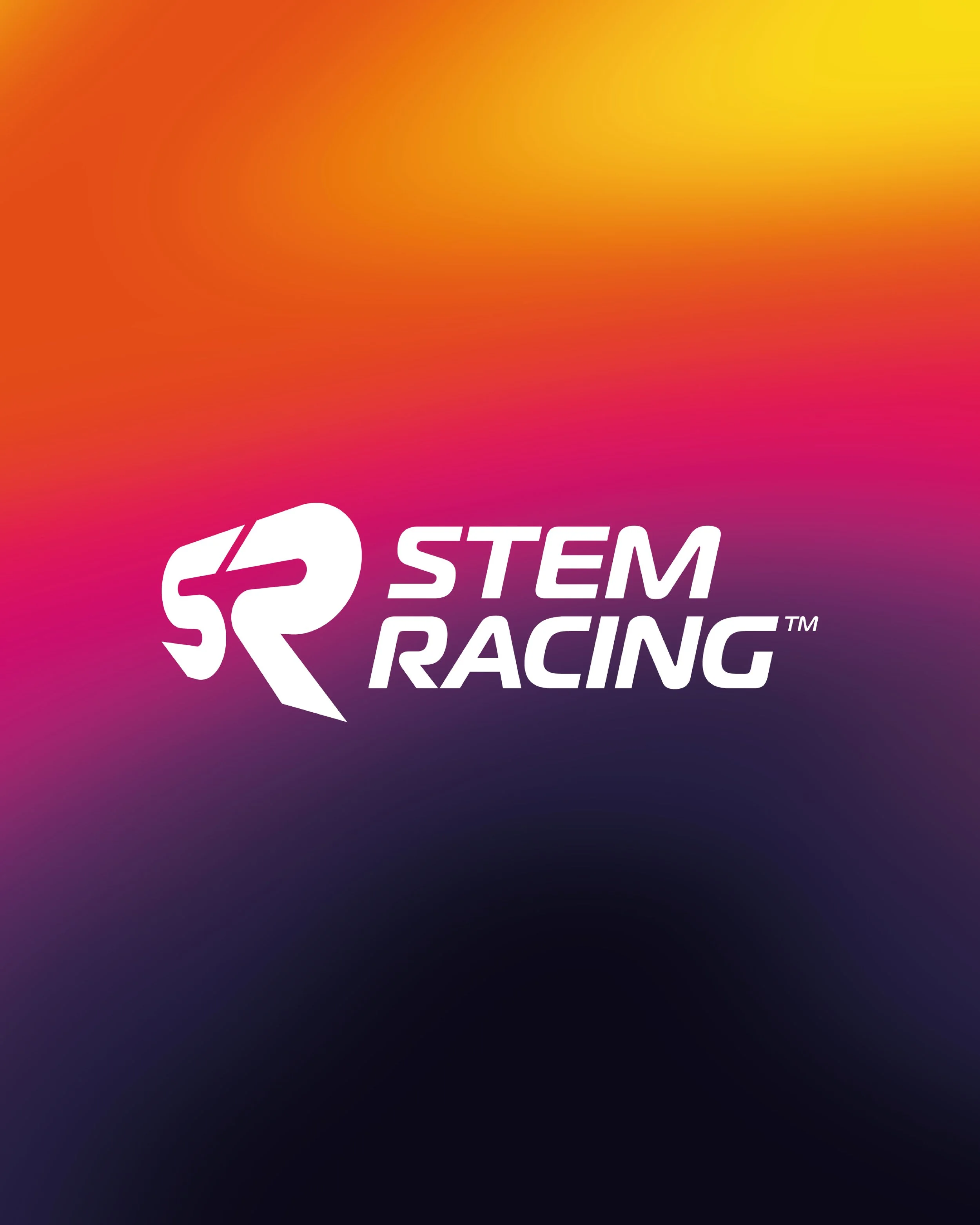 Colorful gradient background with the white logo and text for STEM Racing.