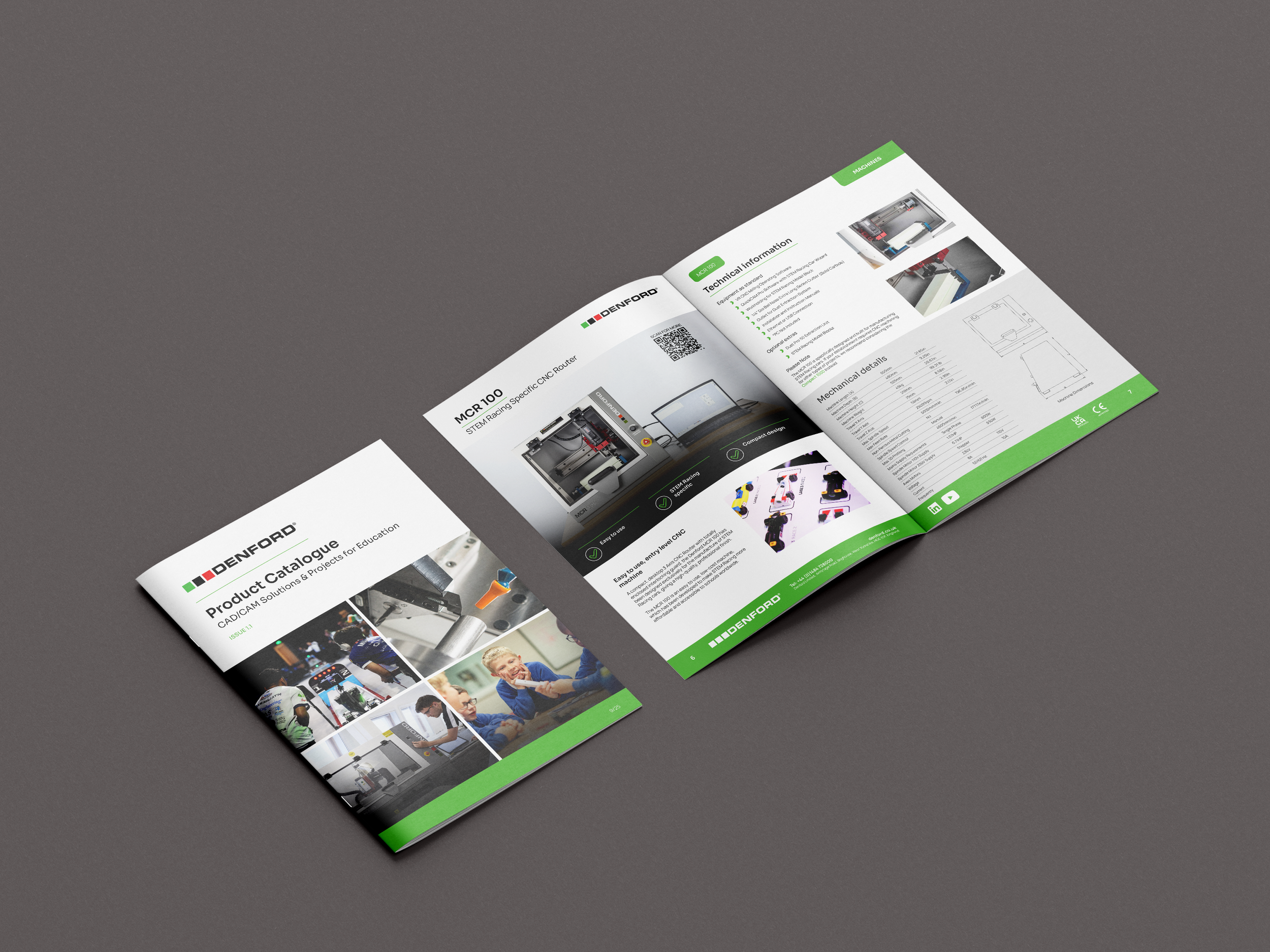 Open product catalogue and brochure for Denford CAD/CAM solutions, featuring images of CNC machinery, technical details, and photos of children using educational equipment, with a green and white color scheme.