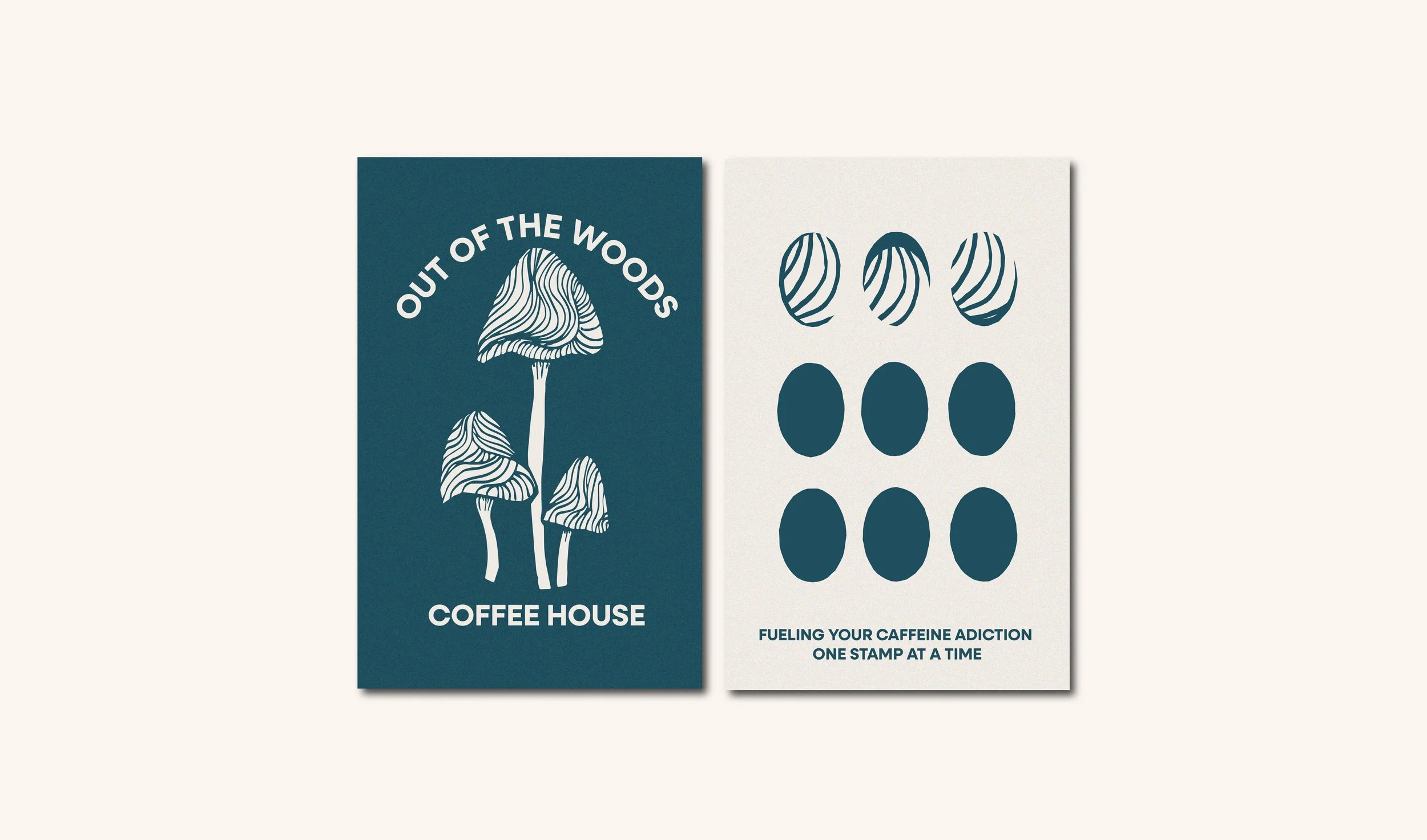 Two coffeehouse promotional cards with a mushroom graphic and coffee bean stamps, emphasizing caffeine addiction fueling.