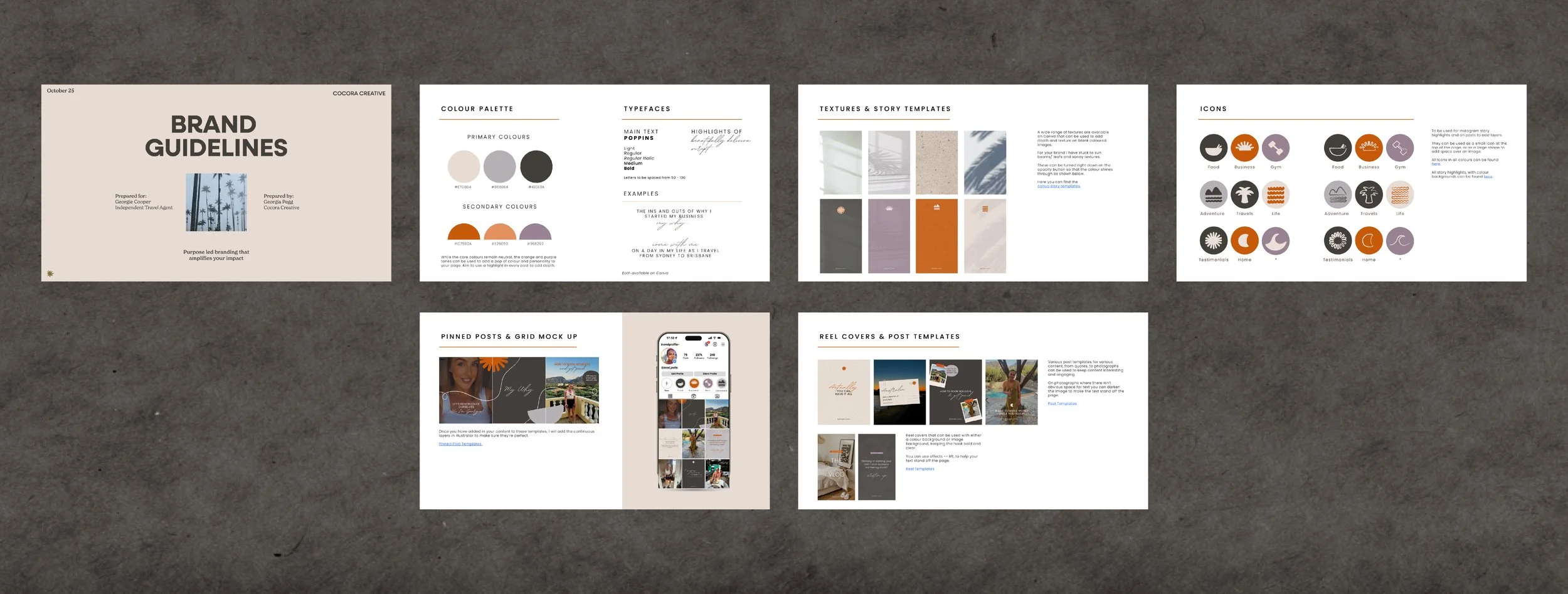 Collection of brand guideline documents including sections on color palette, typefaces, textures & story templates, icons, pinned posts & grid mock-up, reel covers & post templates, and a brand overview page with palm trees and the title 'BRAND GUIDE