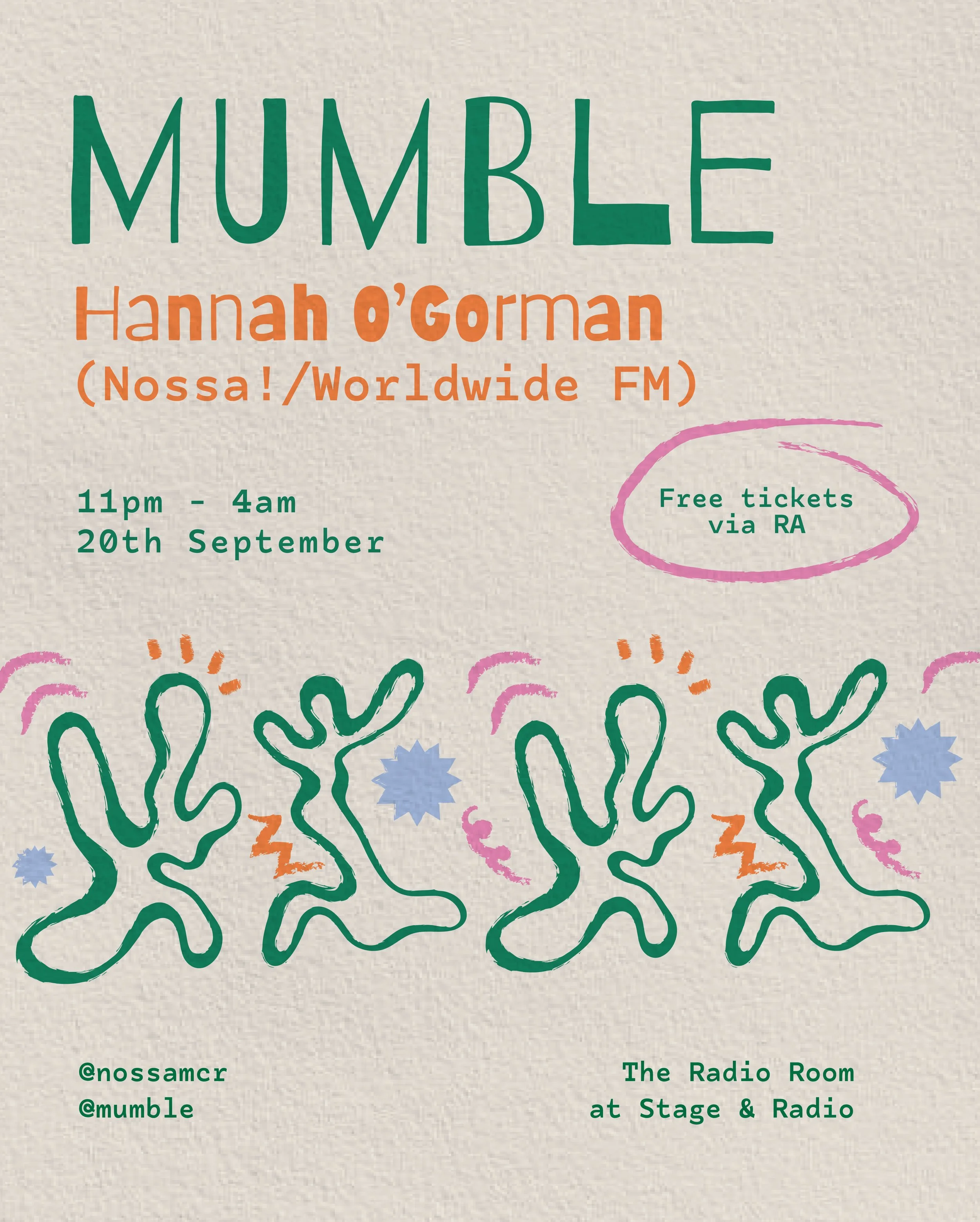 Event poster for MUMBLE featuring Hannah O'Gorman, happening from 11pm to 4am on September 20th at The Radio Room. Free tickets via RA. Illustrated with colorful, abstract squiggles and shapes.