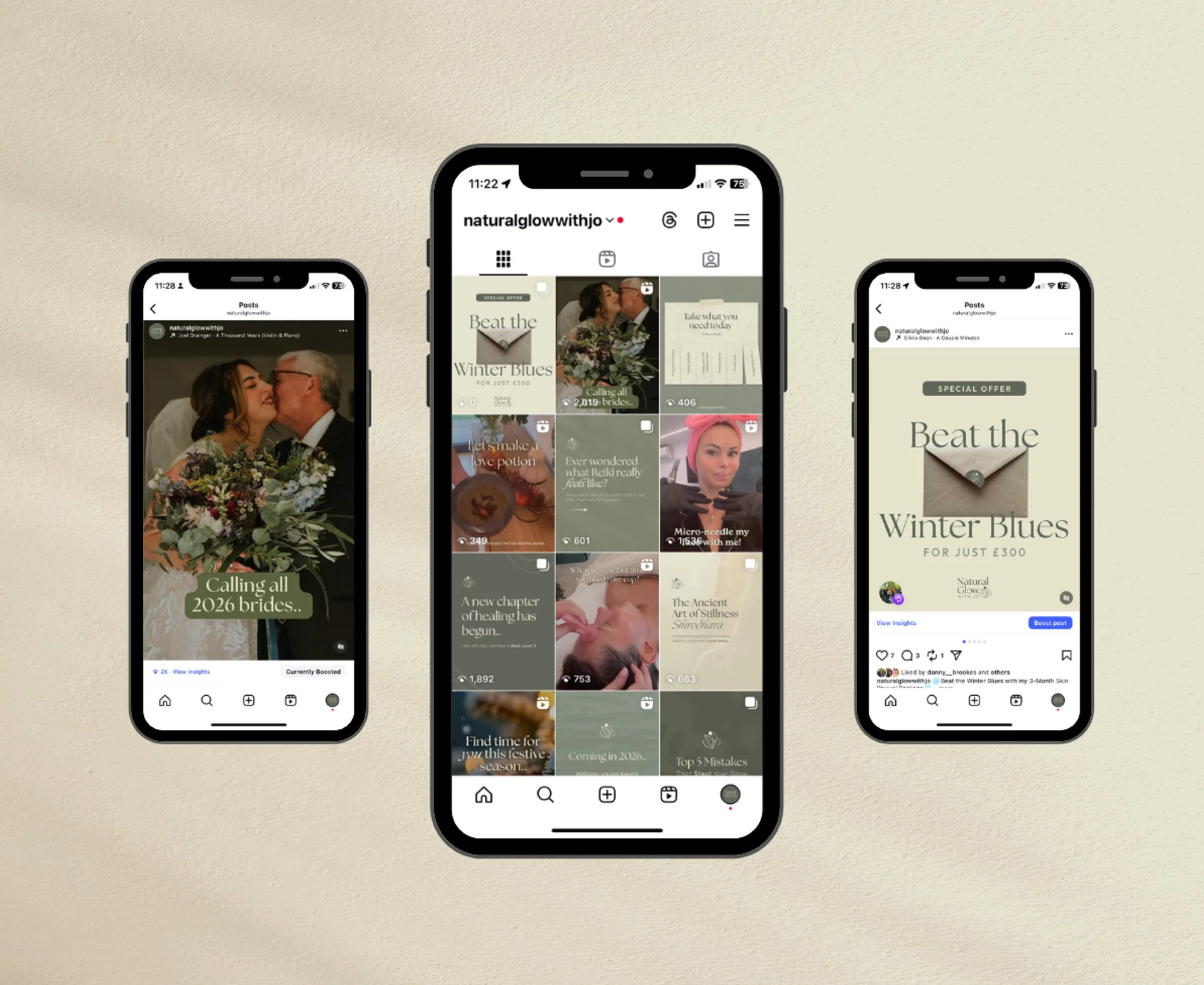 Three smartphones displaying social media posts and stories about a bridal event, with the central phone showing a grid of posts, the left phone showing a wedding photo with a bride and an older man, and the right phone showing a promotional image for a winter blues product.