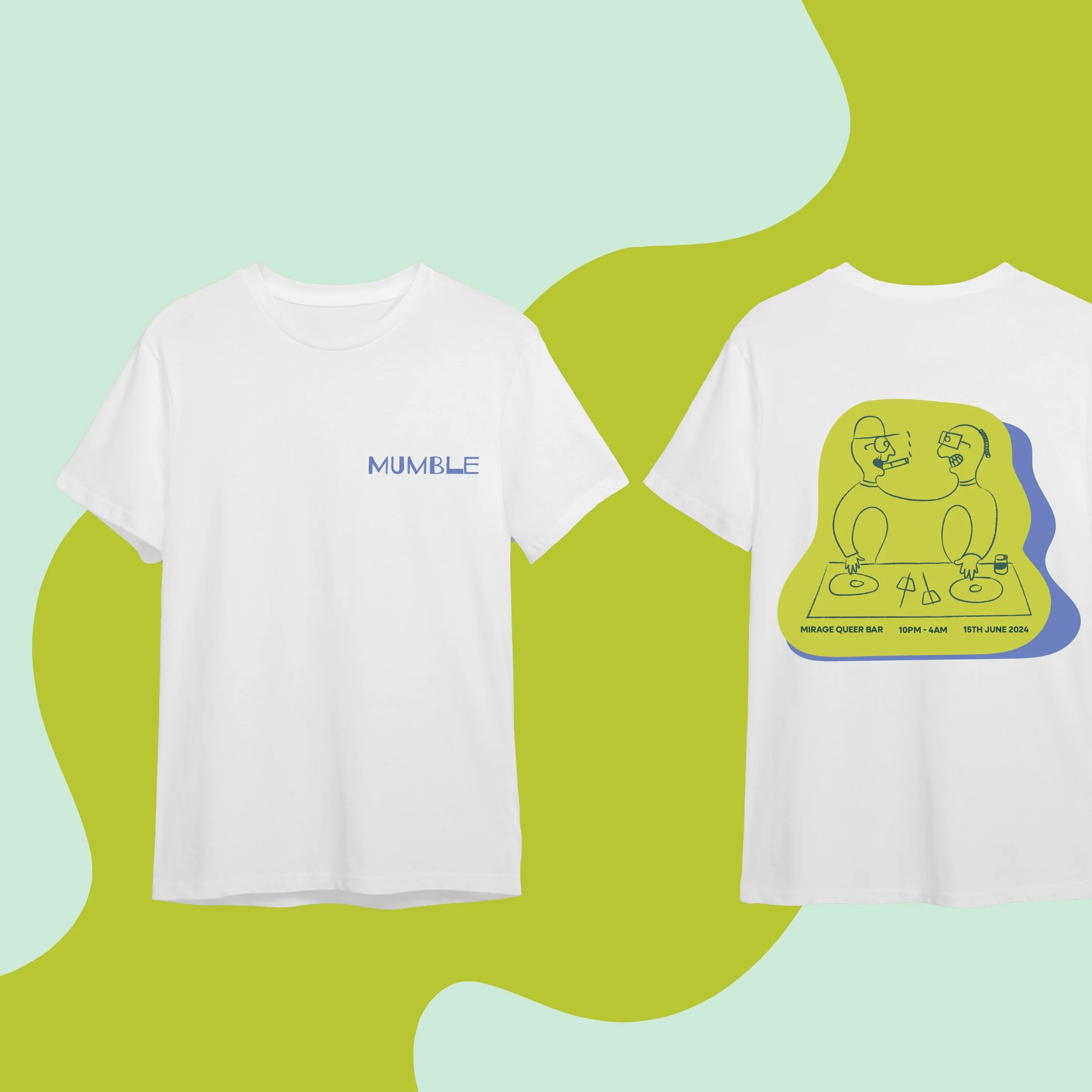 White T-shirt with blue 'MUMBLE' text on front and a colorful graphic of two people DJing on the back, with event details for Mirage Queer Bar.