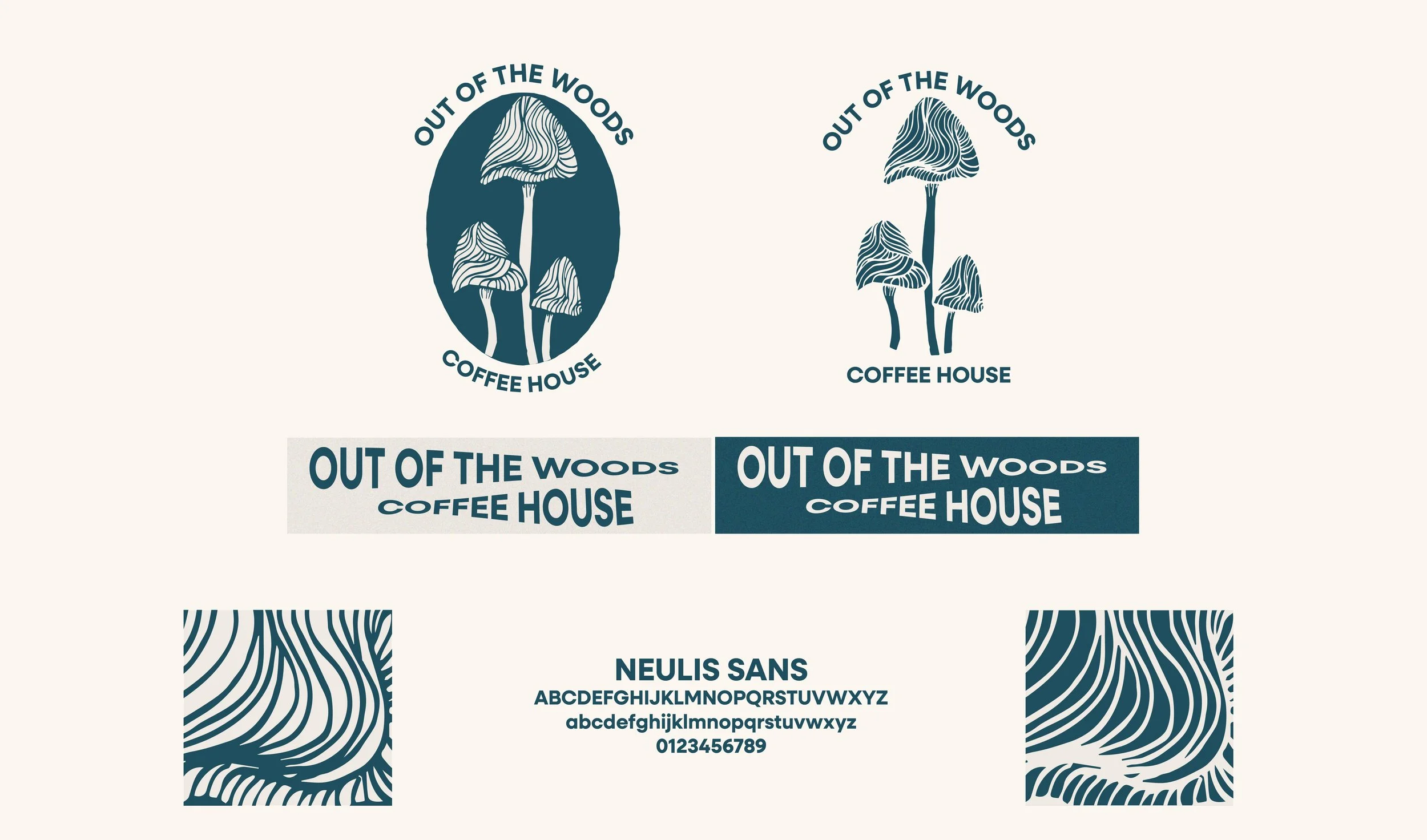 Design layout featuring various logos and text for 'Out of the Woods Coffee House,' including several stylized mushroom illustrations, brand name in different font styles, and sample text in Neulis Sans font with decorative patterned squares.