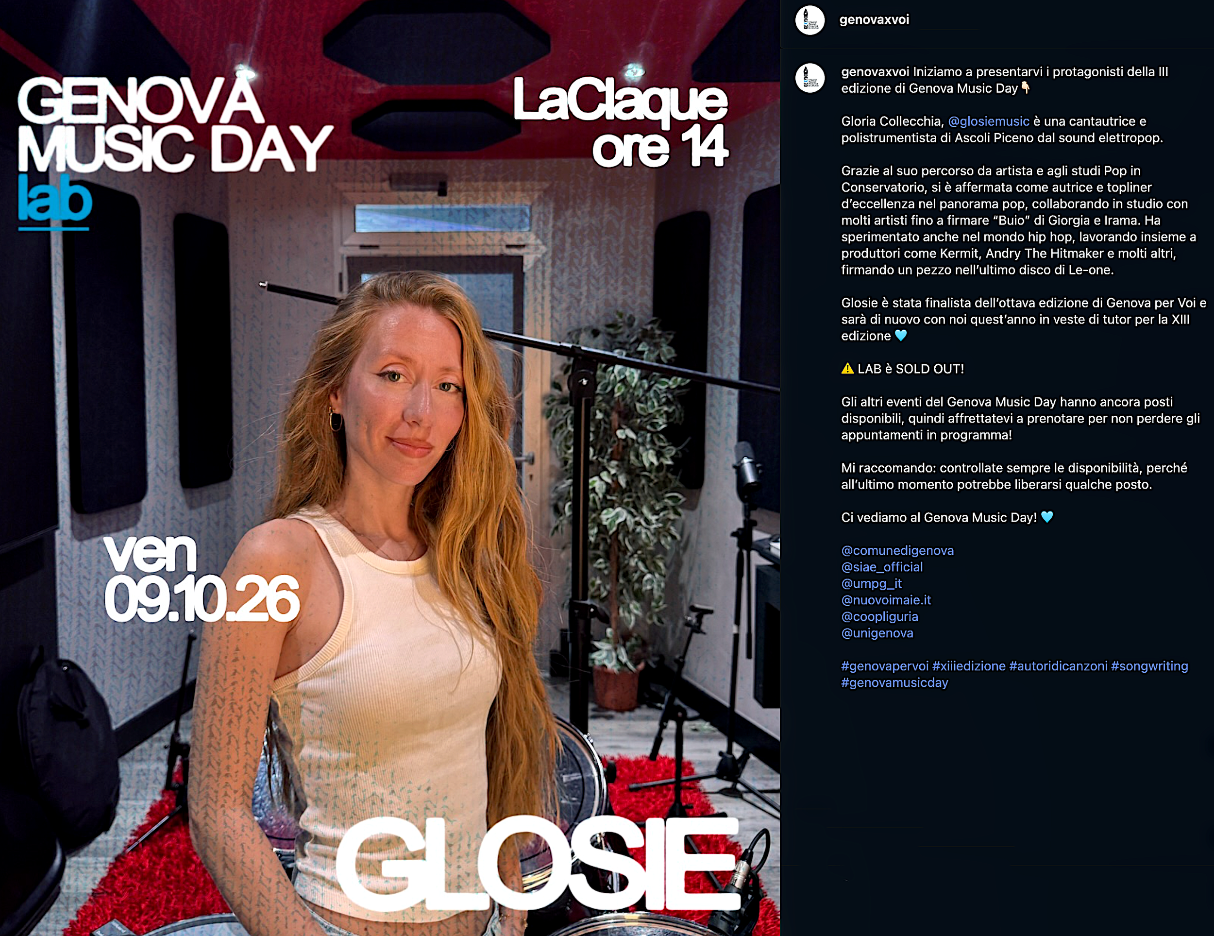 Gloria Collecchia GLOSIE – direttrice GLOW UP Music Academy e tutor degli autori a Genova per Voi 2026.