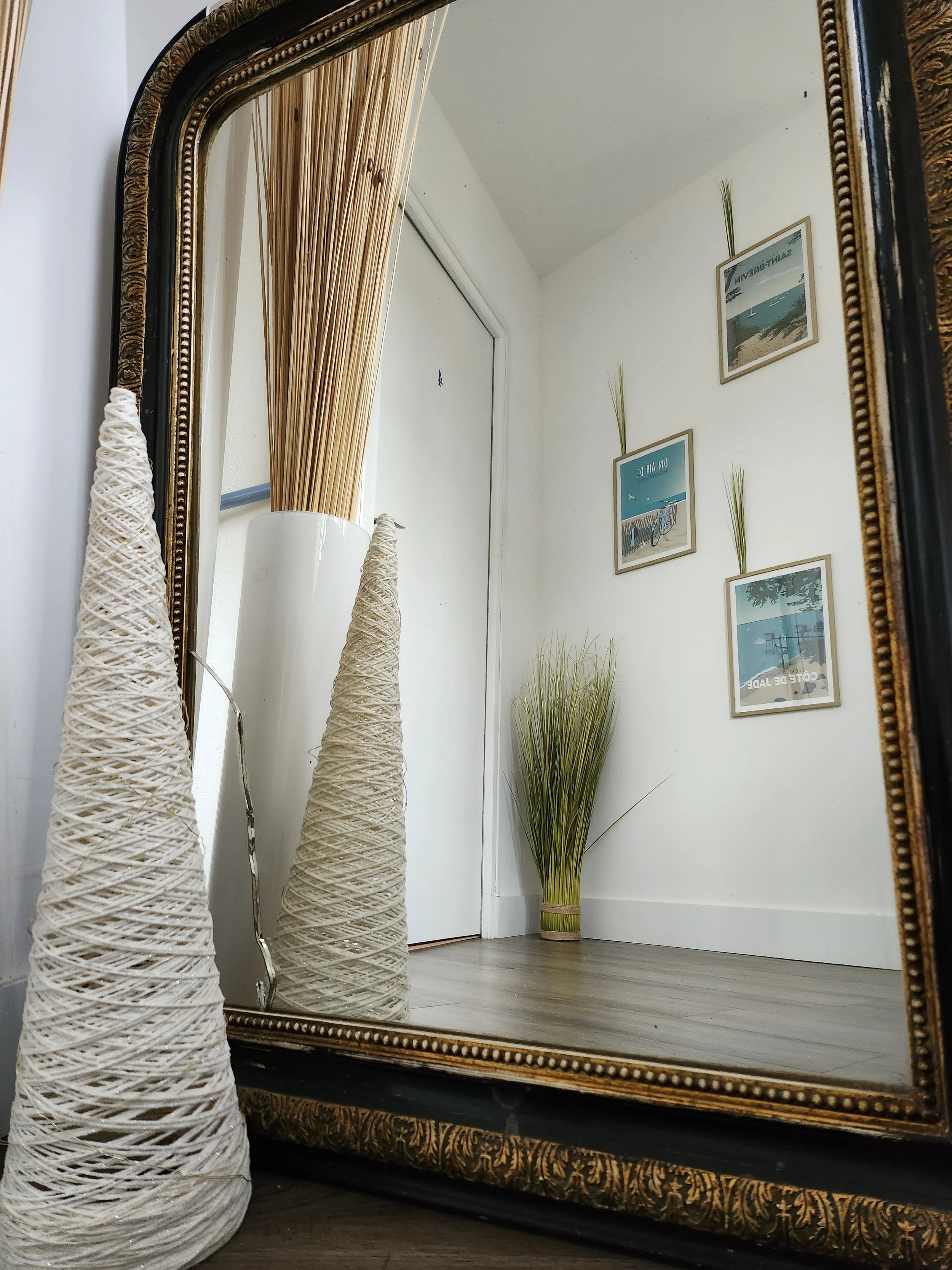 Détail de déco à la maison d'hôte brevocean, grand miroir avec cadre doré, reflet d'une pièce avec des plantes vertes et des cadres décoratifs sur le mur.