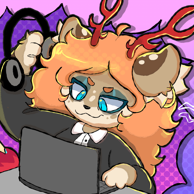 A cartoon-style anthropomorphic deer with orange curly hair, large brown ears, and red antlers, wearing a black suit, sitting at a desk with a laptop, in front of a purple background with a comic book dot pattern.