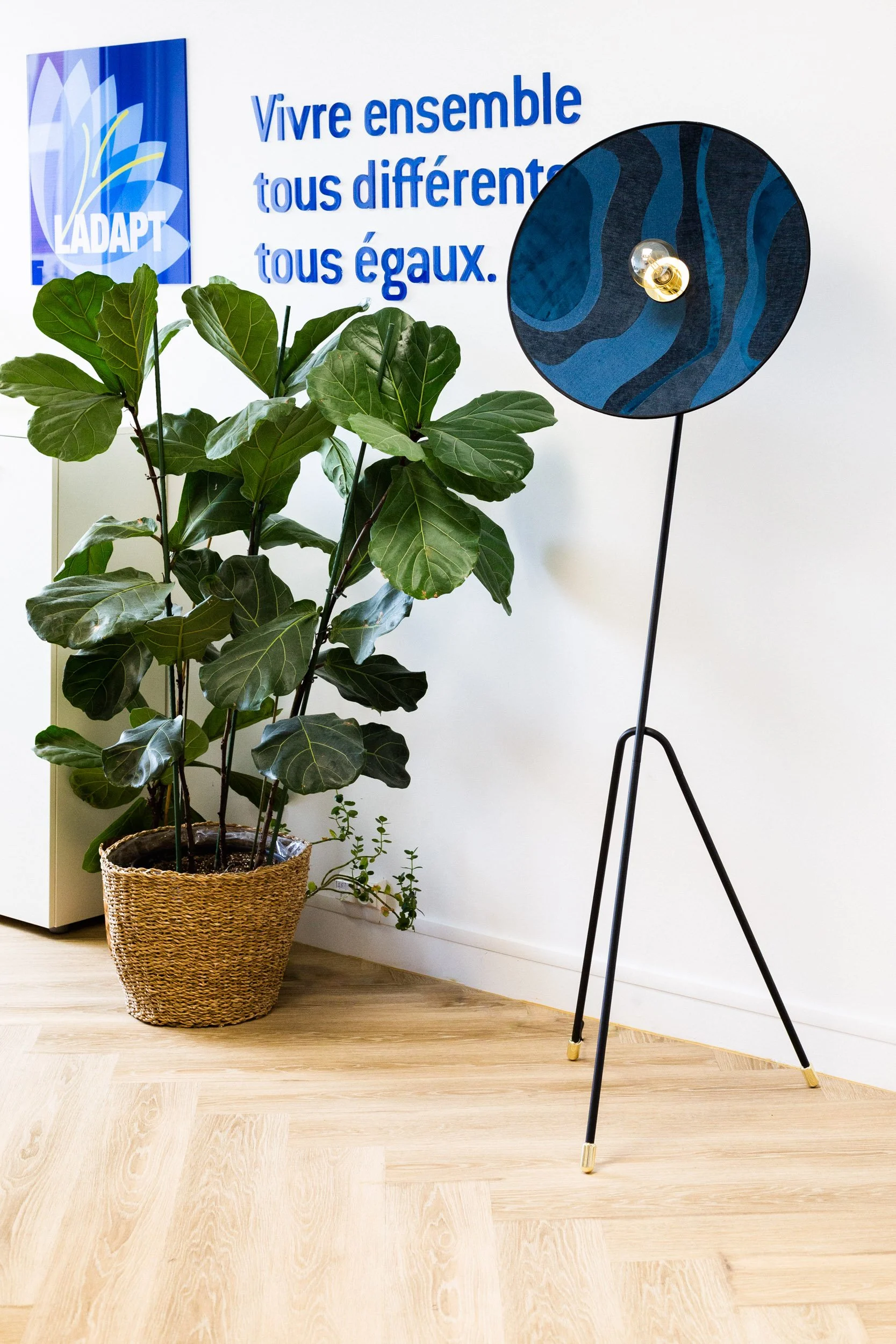 Indoor setting with a large potted plant with broad green leaves in a woven basket, a white wall with French text that reads 'Vivre ensemble tous différents, tous égaux,' a decorative blue-shaded floor lamp with a transparent light bulb, and light wood flooring.