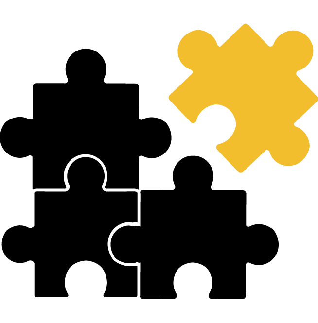 Black silhouette of a child with arms raised, holding a yellow puzzle piece.