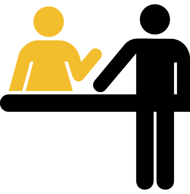 Icon of a person with short hair, raising one hand, on a black background.