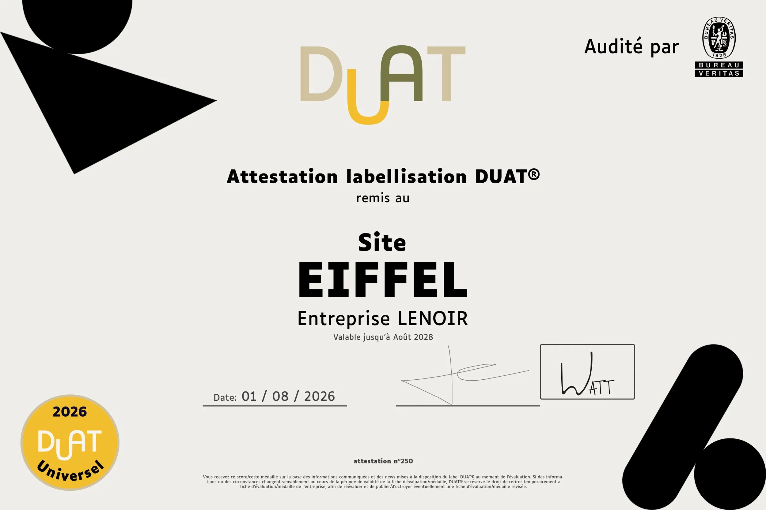 Certification document titled 'Attestation labellisation DUAT' issued to the Eiffel Tower, valid until August 2028. Features include a black and white design with black geometric shapes and a yellow circle with '2026' and 'DUAT Universel' written on it. Date on document is 01/08/2026.
