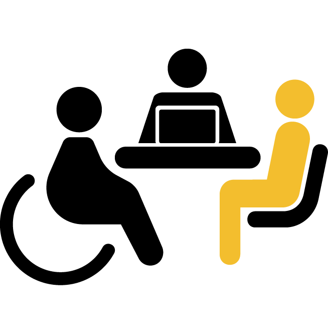 A yellow pictogram of a person sitting on a chair facing a blackboard or screen, indicating a seated audience or lecture setting.