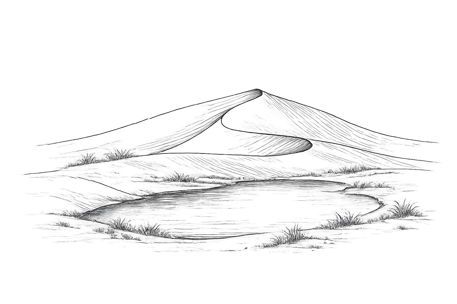 Une illustration en noir et blanc d'un paysage de montagne, avec une grande montagne enneigée, une petite crique ou étang au premier plan, et une cabane sur le versant. La scène est minimaliste avec des lignes simples et quelques touches de couleur