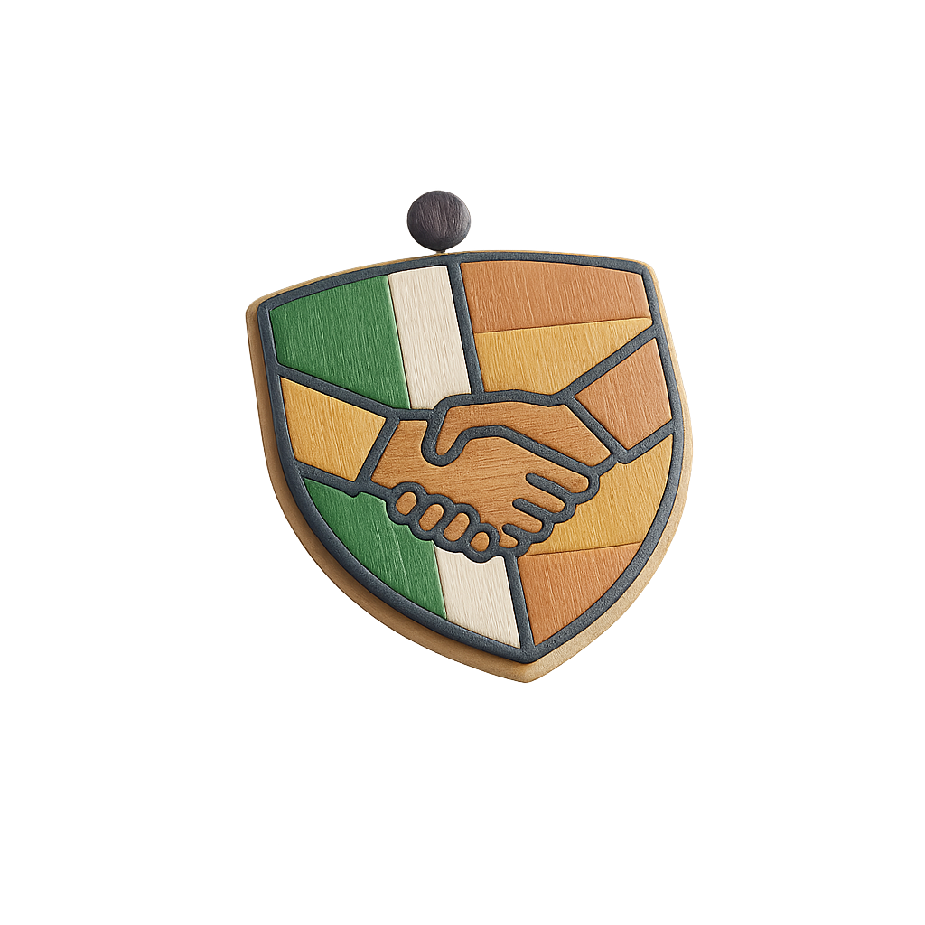 Spilla a forma di scudo con simbolo di stretta di mano disegnata in stile colorato