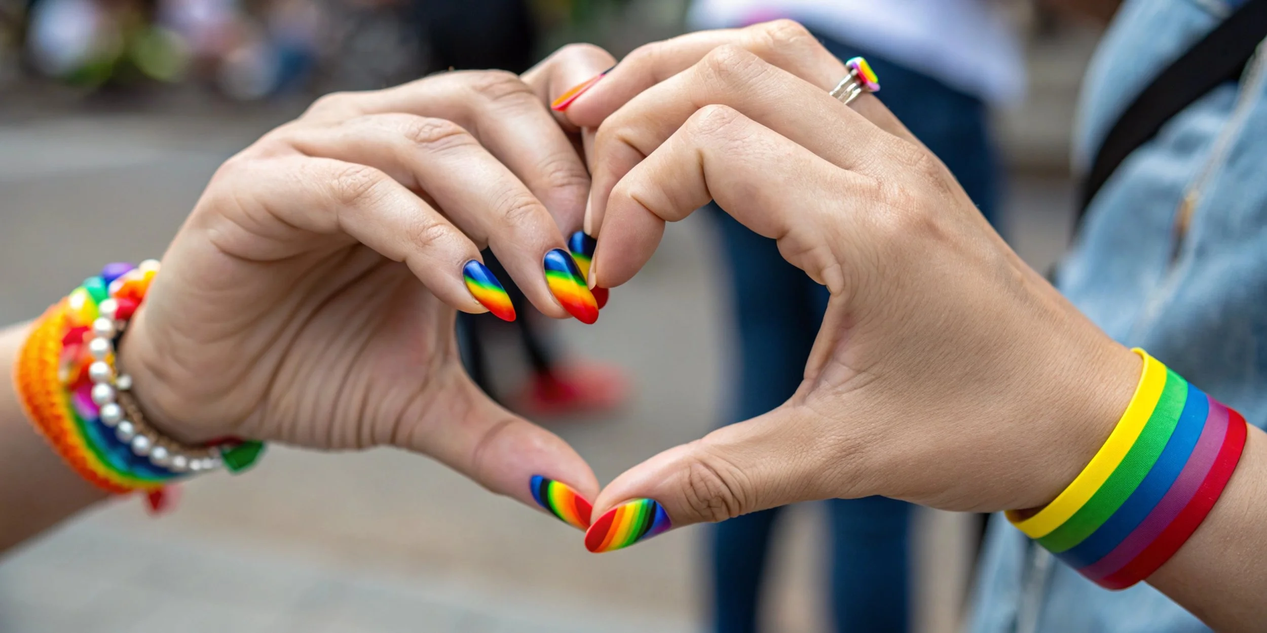 Hands forming a heart shape with rainbow-coloured nail art