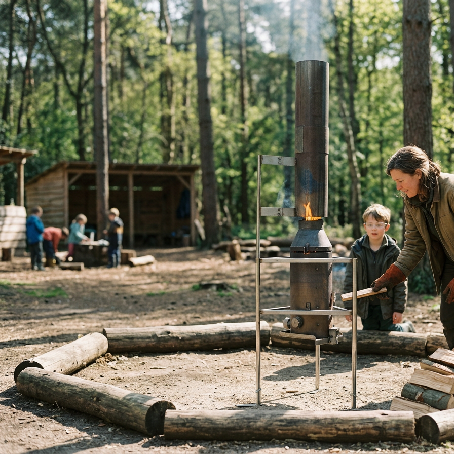 A woman and a boy are tending to a small demonstration biochar kiln in a wooded outdoor area, with a group of children playing in the background.