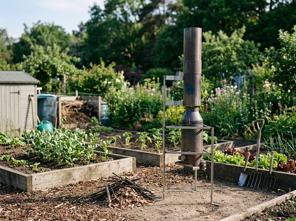 A garden with raised beds of leafy green vegetables, gardening tools, and a compost bin, with a small biochar demonstration kiln in the foreground.