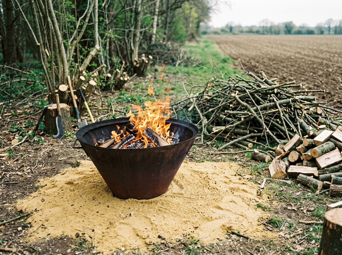 A Kon-Tiki open biochar kiln on a patch of sand surrounded by chopped firewood, with cut branches and shovels leaning against a row of trees and a plowed field in the background.