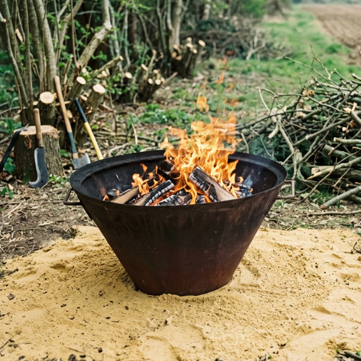 A black fire Kon-Tiki open biochar kiln with flames and burning logs, set on yellow sand outdoors surrounded by green plants, sticks, and gardening tools.