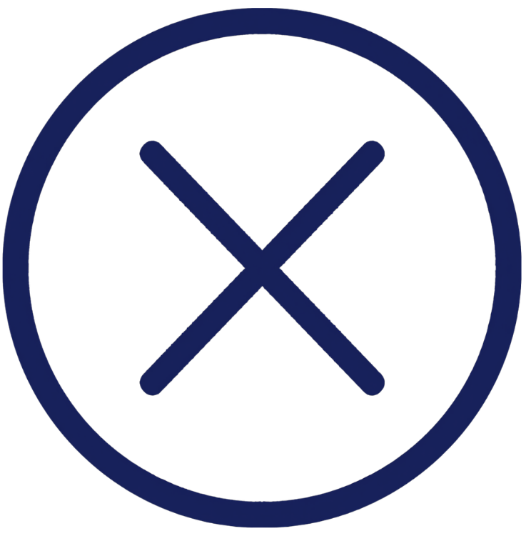A black circle with a blue outline and a blue X in the center.