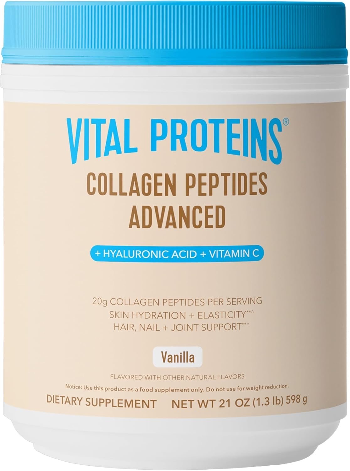 pic of a blue collagen peptides powder container