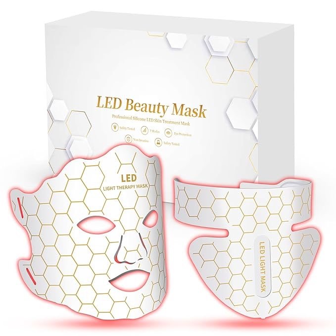 7-color LED light therapy facial and neck mask set, shown with packaging, white and gold honeycomb design.