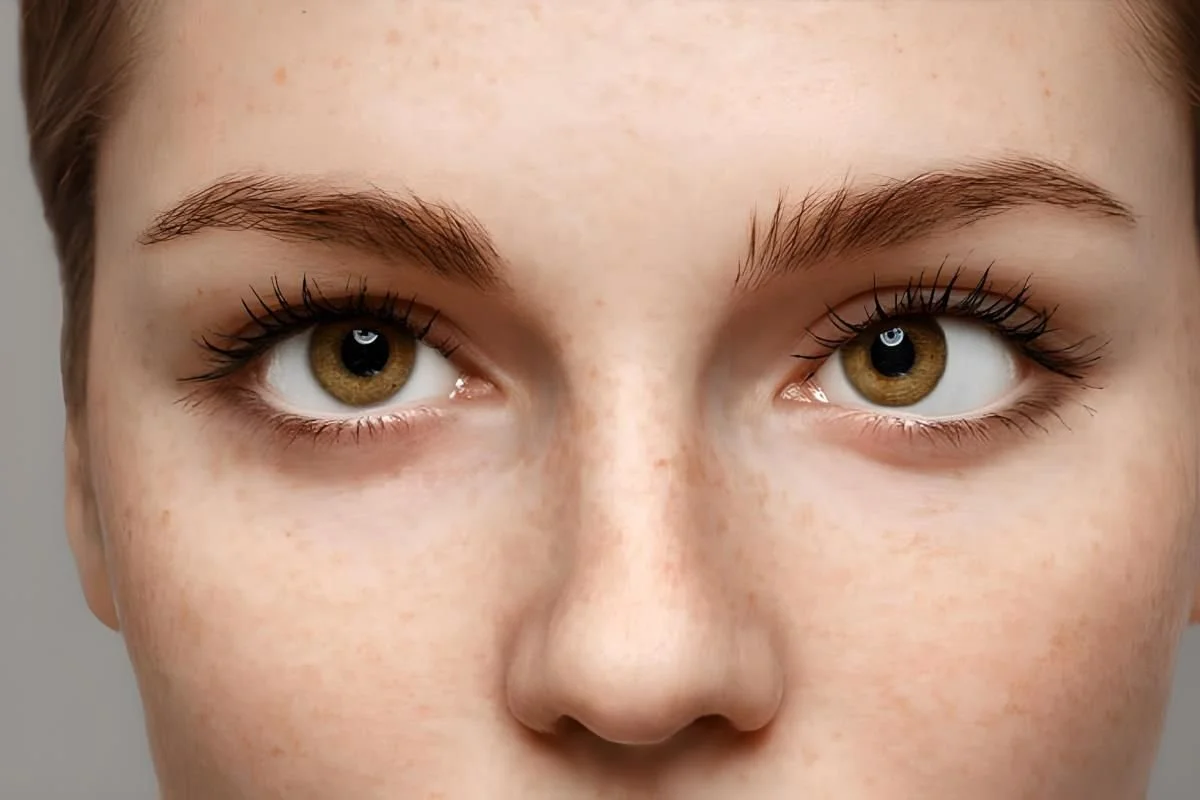 Primo piano di un volto femminile con occhi color nocciola, ciglia lunghe e sopracciglia ben definite.