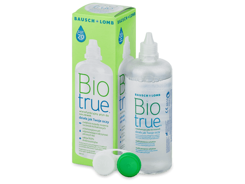 Flacone di collirio Bio true di Bausch + Lomb con scatola e tappo verde, in primo piano