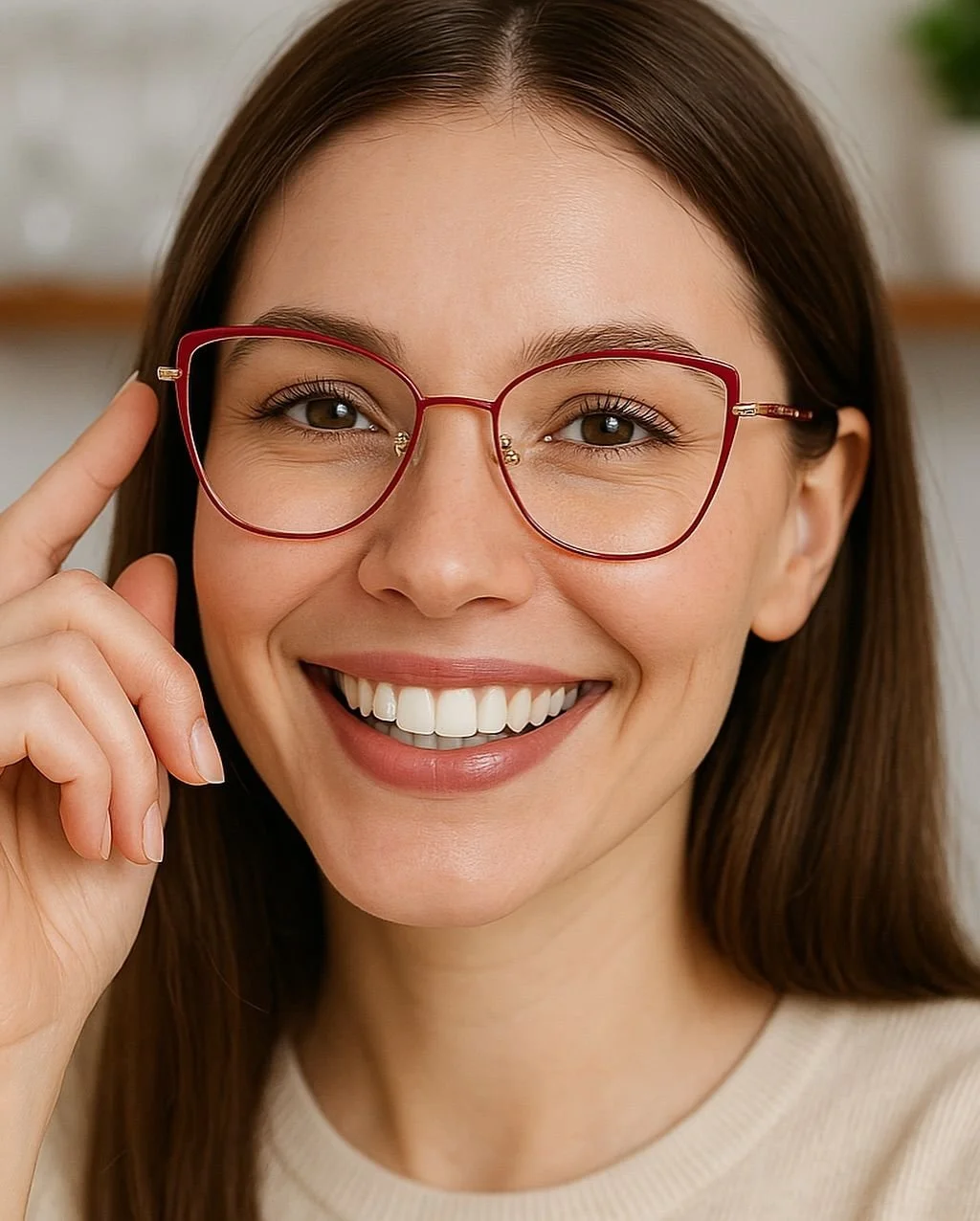 Femminile sorridente con occhiali rossi, capelli castani e pelle chiara, che sorride felicemente.