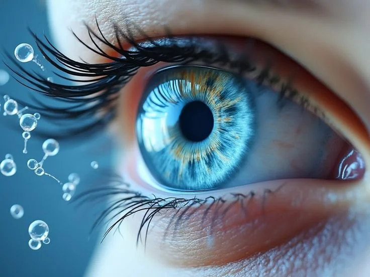 Close-up di un occhio umano con iride azzurra e dettagli delle ciglia. Presenza di bolle di sapone intorno all'occhio.