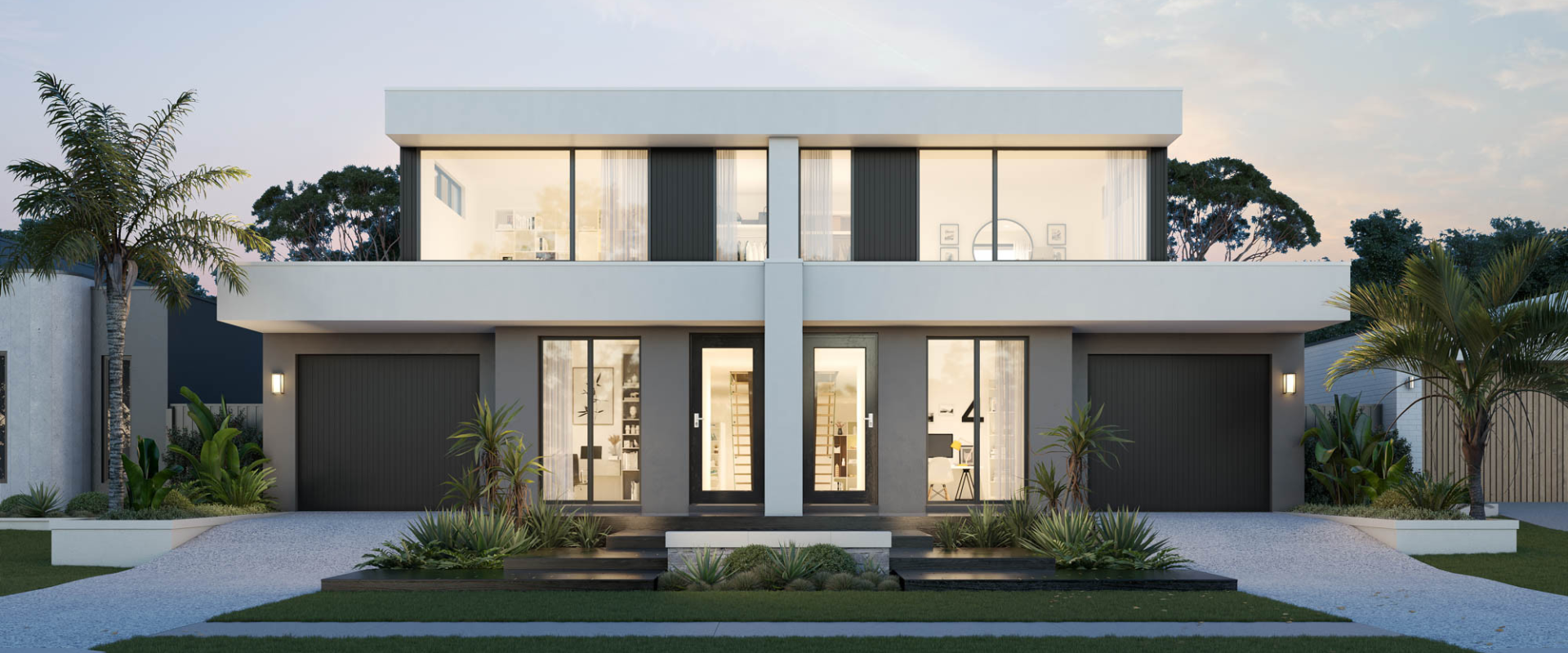 Modern two-story house with white exterior, large glass windows, black garage doors, and landscaped front yard with palm trees.