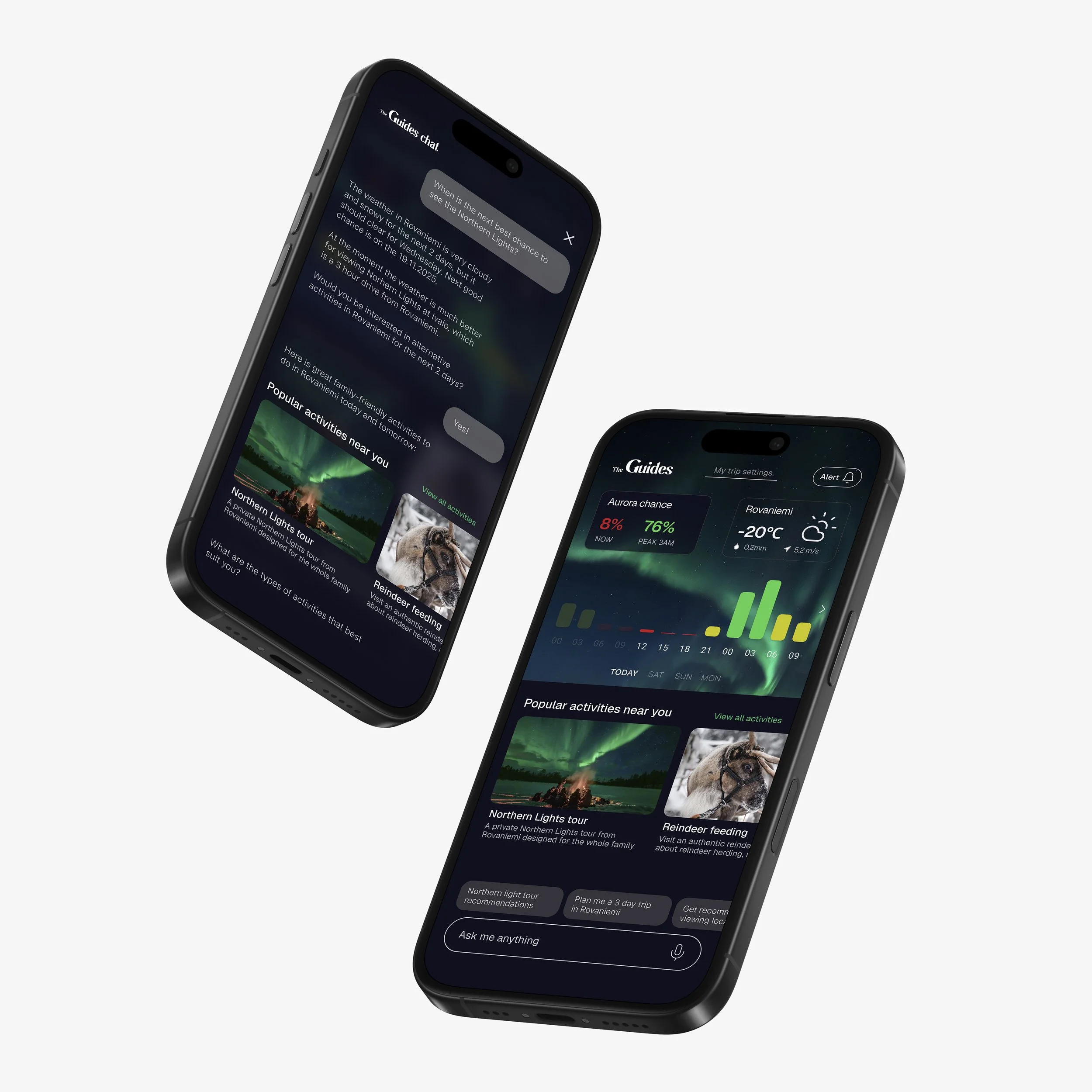 Two smartphones displaying weather and activity tracking apps with Northern Lights and aurora borealis on the screens.