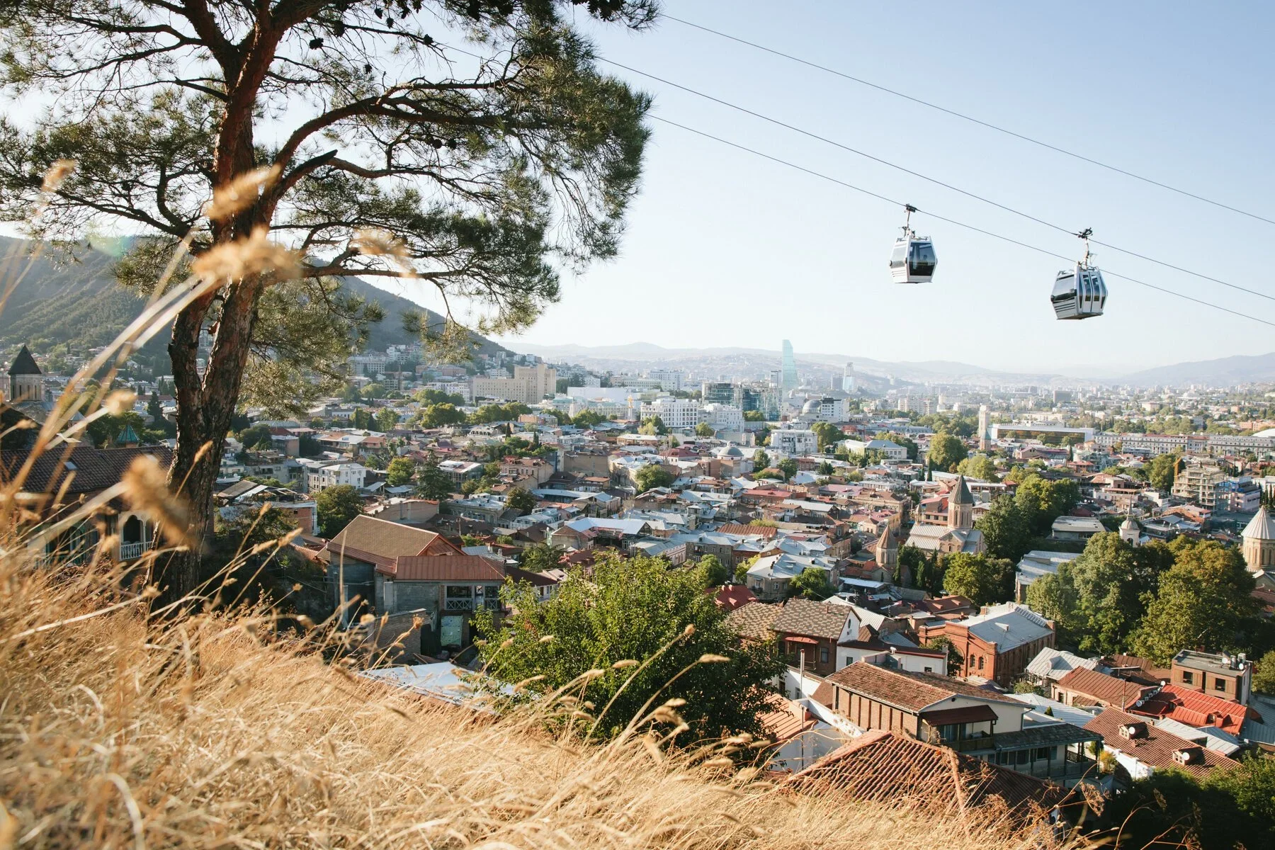 Cityscape view of San Francisco with a cable car in the distance, hills, and historic buildings under a clear sky.