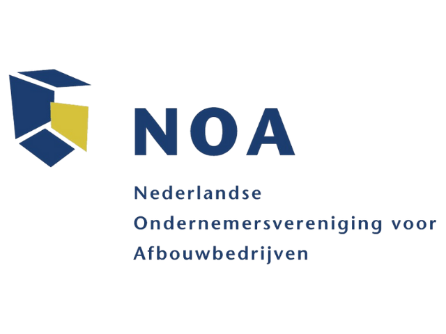 Logo van de Nederlandse Ondernemersvereniging voor Afbouwbedrijven (NOA) met een geometrisch blauw en geel pictogram.