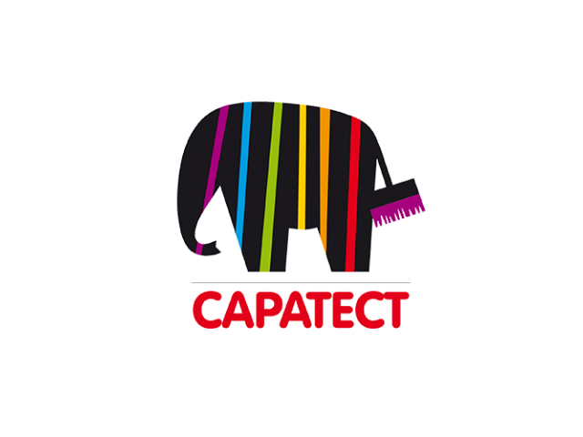 Een grafisch ontwerp van een zwarte olifant met kleurrijke strepen en een stofborstel, met de tekst 'CAPATECT' eronder.