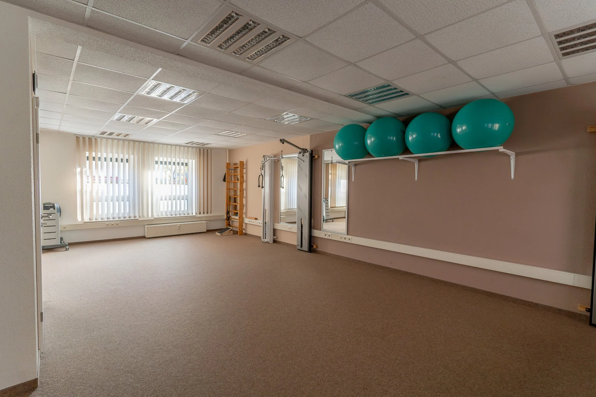Empty fitness room with exercise balls on a wall shelf, mirrors, and fitness equipment.