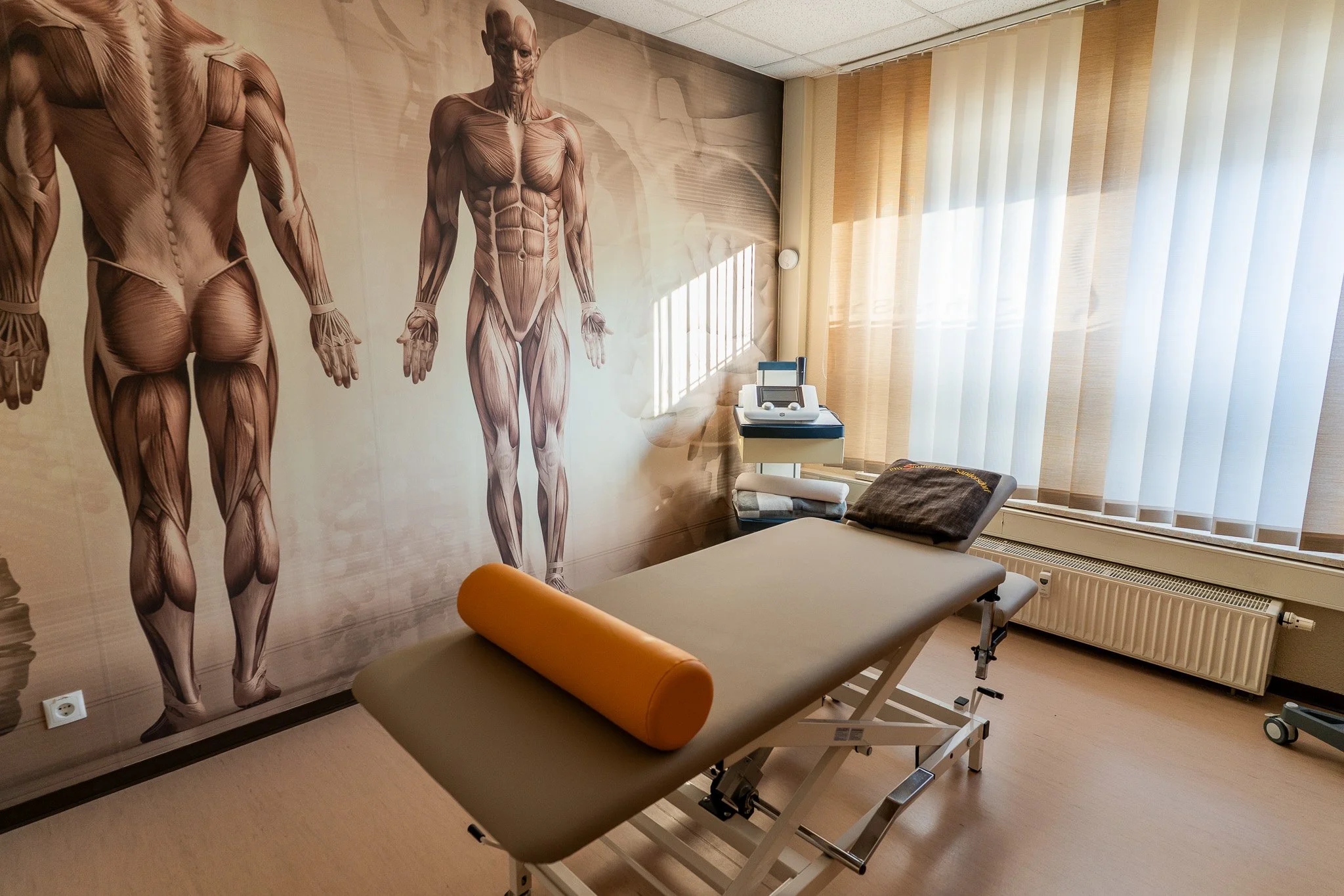 A medical examination room with a massage or therapy table, a pillow, and hospital equipment, featuring a wall mural of the human muscular system.