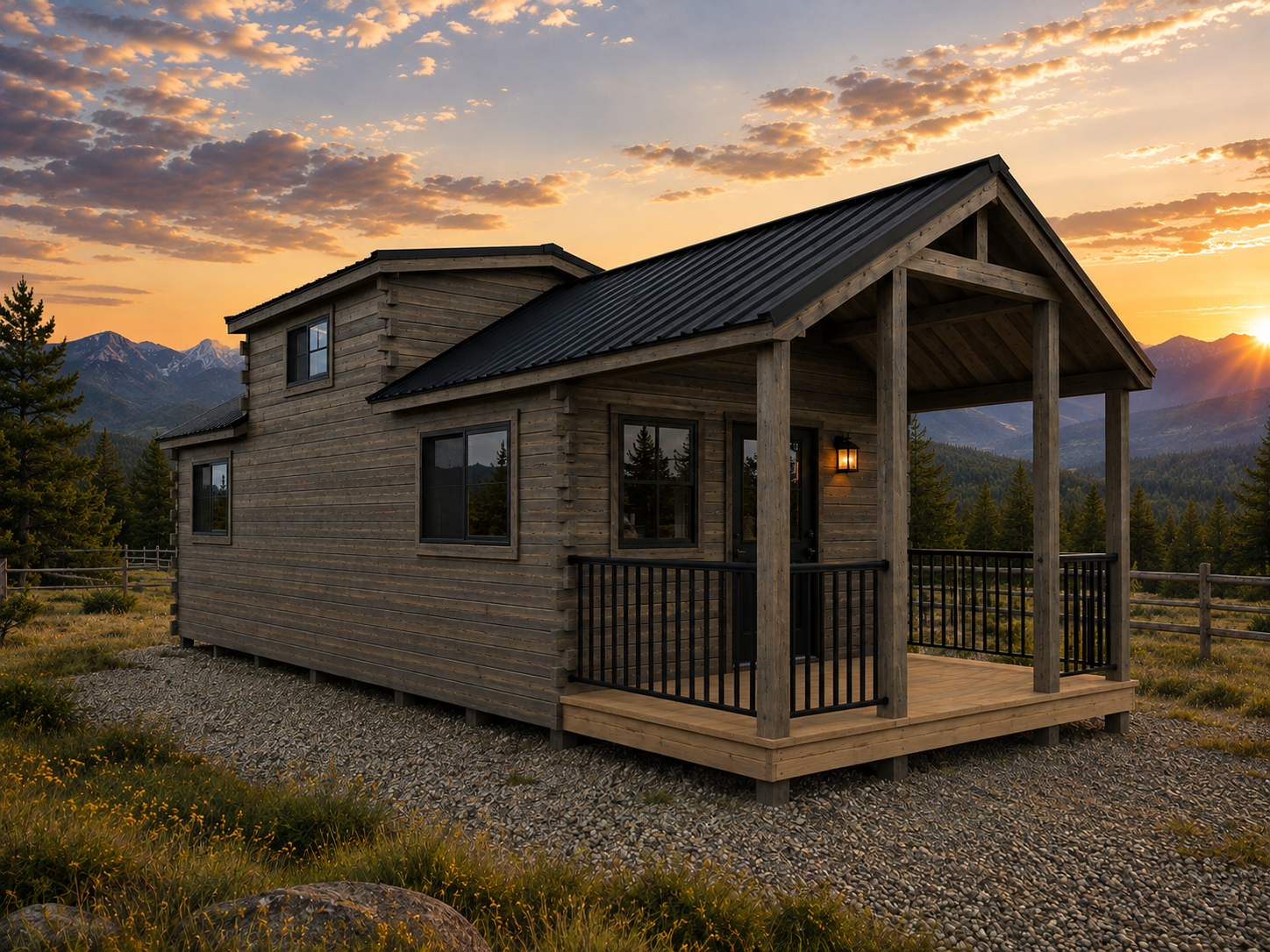 A rustic wooden house with a porch, set against a mountain landscape at sunset