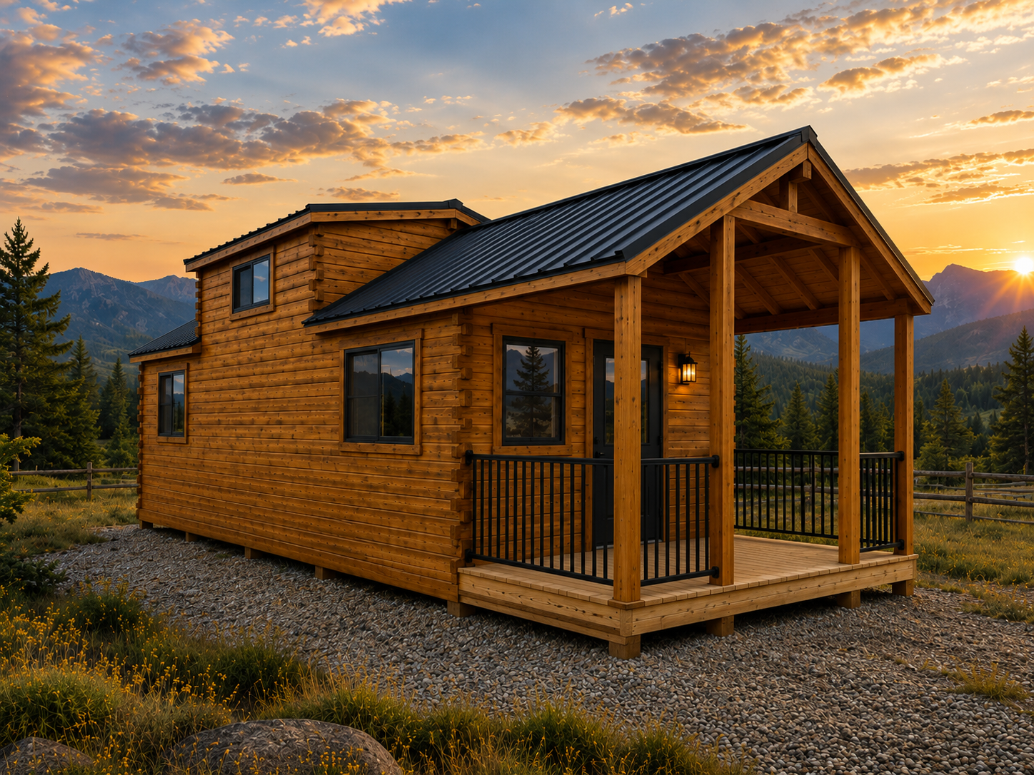 A wooden house with a porch and black railing, set against a mountain landscape at sunset.