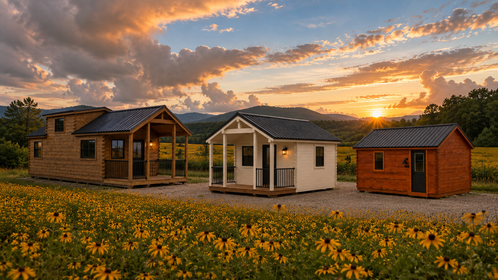Three small cabins with different wood finishes are set in a field of yellow flowers during sunset, with mountains and a partly cloudy sky in the background.