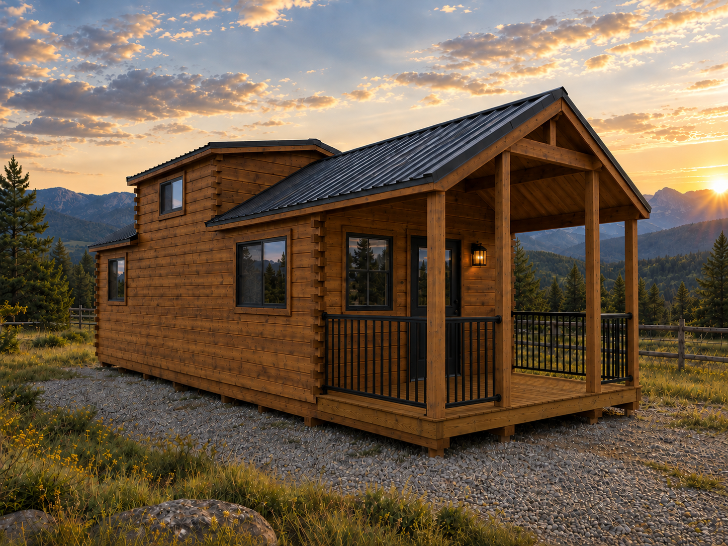 A wooden house with a porch at sunset, set in a mountainous landscape with trees and a partly cloudy sky.