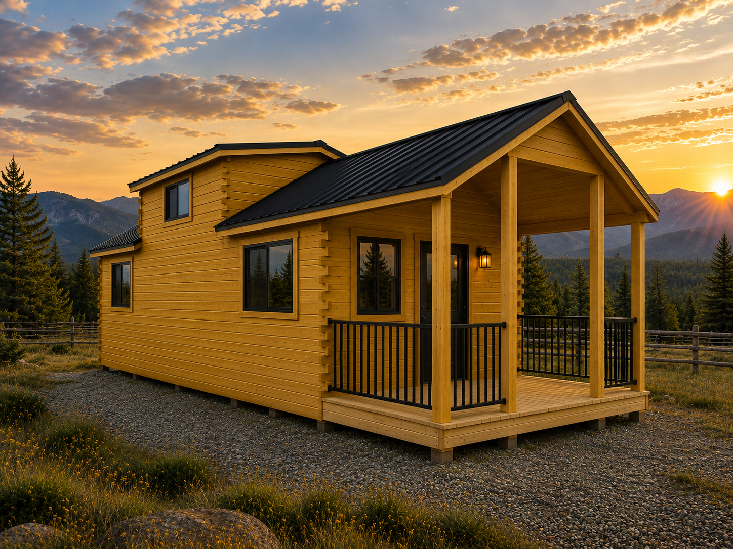 A wooden house with a porch and black railing sits in a mountainous landscape during sunset.