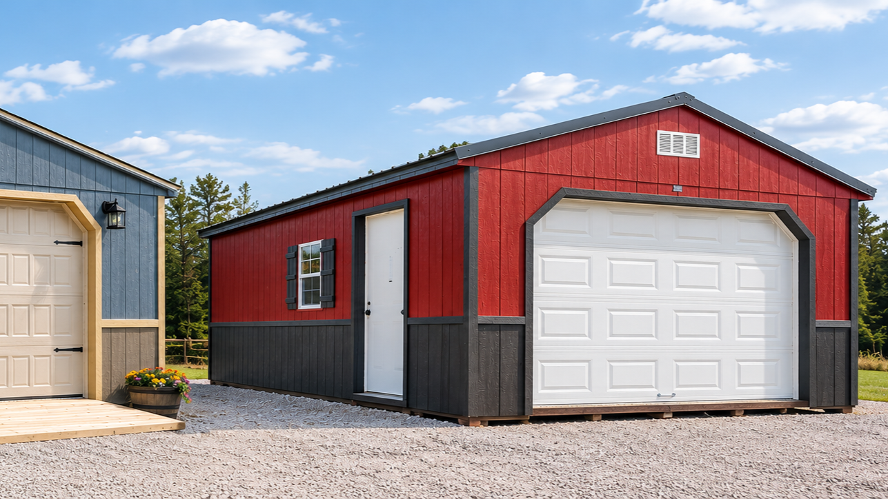 A red and black garage with a white door, next to a blue garage, under a partly cloudy sky.