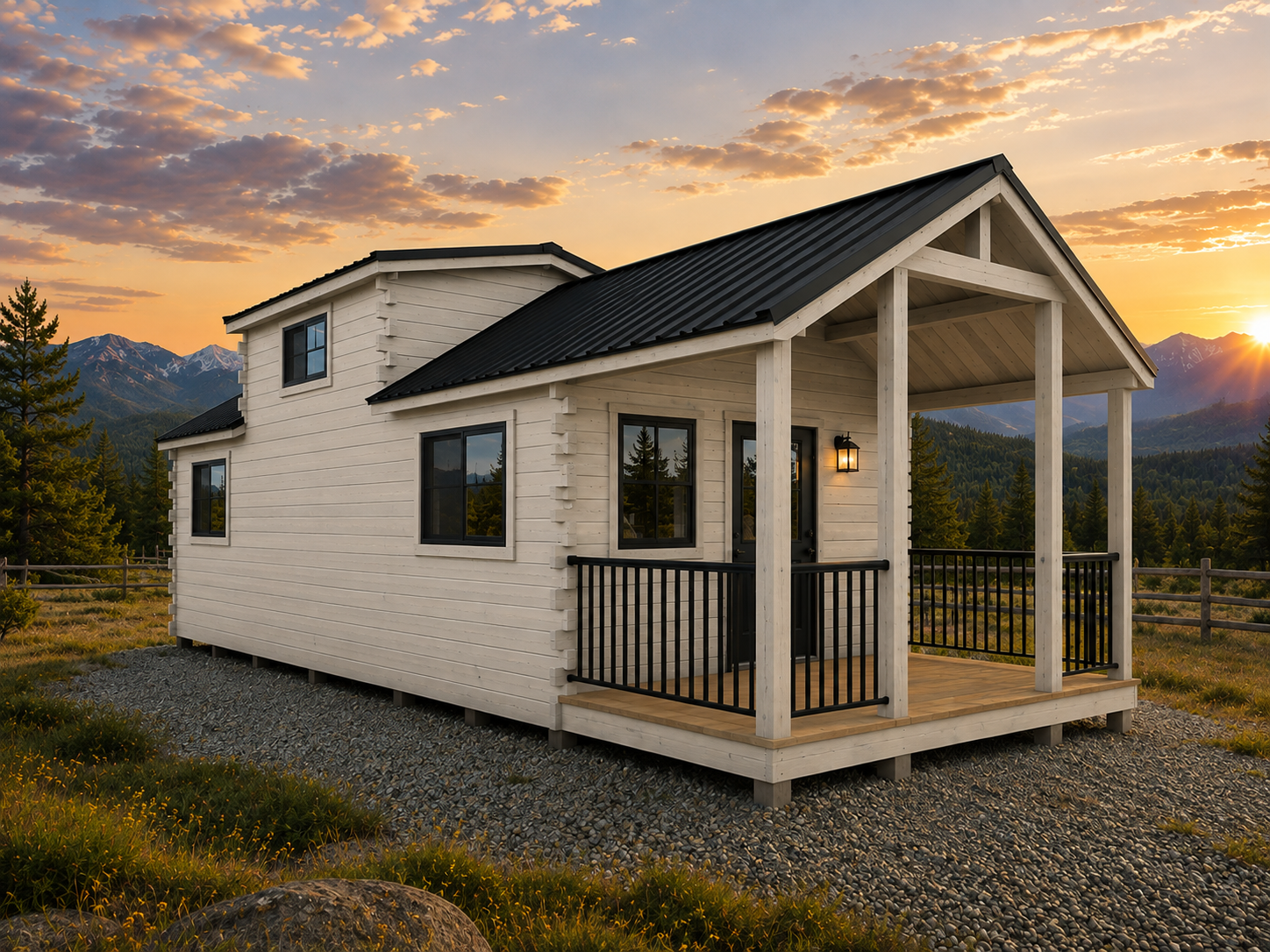 A white wooden house with a small porch, black window frames, and a black metal roof, set against a mountain landscape at sunset.